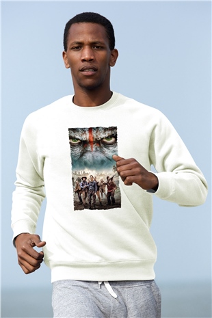 Unisex Dawn of the Planet of the Apes - Maymunlar Cehennemi Şafak Vakti Baskılı Beyaz Sweatshirt