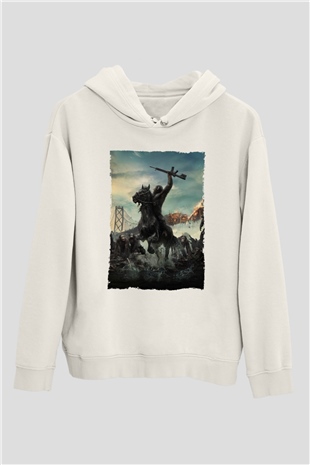 Unisex Dawn of the Planet of the Apes - Maymunlar Cehennemi Şafak Vakti Baskılı Beyaz Kapüşonlu Sweatshirt