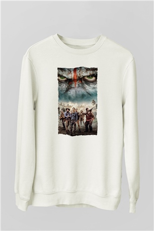 Unisex Dawn of the Planet of the Apes - Maymunlar Cehennemi Şafak Vakti Baskılı Beyaz Sweatshirt