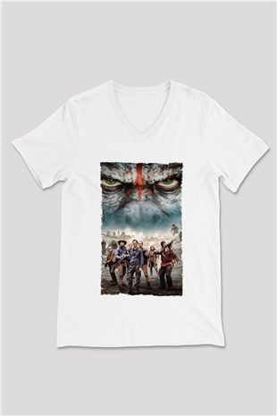 Unisex Dawn of the Planet of the Apes - Maymunlar Cehennemi Şafak Vakti Baskılı Beyaz V Yaka Tshirt