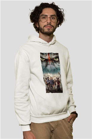 Unisex Dawn of the Planet of the Apes - Maymunlar Cehennemi Şafak Vakti Baskılı Beyaz Kapüşonlu Sweatshirt