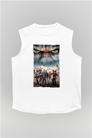 Unisex Dawn of the Planet of the Apes - Maymunlar Cehennemi Şafak Vakti Baskılı Beyaz Kolsuz Tshirt