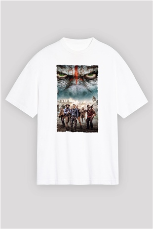 Unisex Dawn of the Planet of the Apes - Maymunlar Cehennemi Şafak Vakti Baskılı Beyaz Oversize Oversize T-shirt
