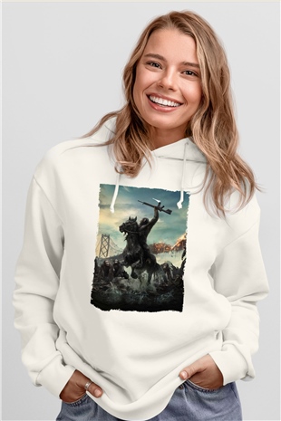 Unisex Dawn of the Planet of the Apes - Maymunlar Cehennemi Şafak Vakti Baskılı Beyaz Kapüşonlu Sweatshirt