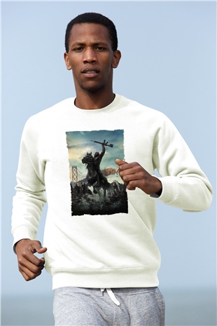 Unisex Dawn of the Planet of the Apes - Maymunlar Cehennemi Şafak Vakti Baskılı Beyaz Sweatshirt