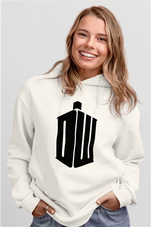 Unisex Doctor Who Baskılı Beyaz Kapüşonlu Sweatshirt