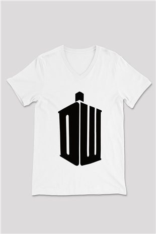 Unisex Doctor Who Baskılı Beyaz V Yaka Tişört
