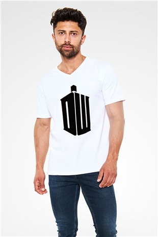 Unisex Doctor Who Baskılı Beyaz V Yaka Tişört