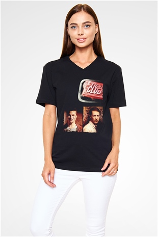 Unisex Dövüş Kulübü (Fight Club) Baskılı Siyah V Yaka Tişört