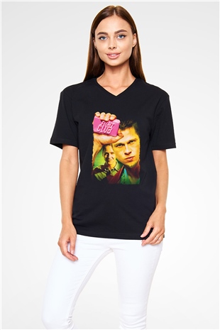 Unisex Dövüş Kulübü (Fight Club) Baskılı Siyah V Yaka T-shirt