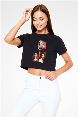 Unisex Dövüş Kulübü (Fight Club) Baskılı Siyah Crop Top Tişört