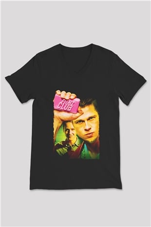 Unisex Dövüş Kulübü (Fight Club) Baskılı Siyah V Yaka T-shirt