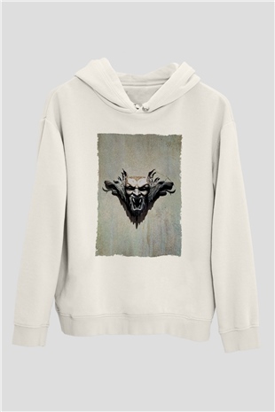 Unisex Drakula Baskılı Beyaz Kapüşonlu Sweatshirt