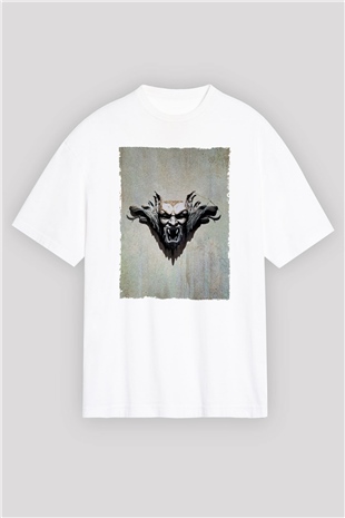 Unisex Drakula Baskılı Beyaz Oversize Oversize T-shirt