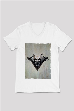 Unisex Drakula Baskılı Beyaz V Yaka Tshirt