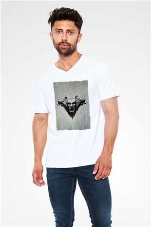 Unisex Drakula Baskılı Beyaz V Yaka Tshirt