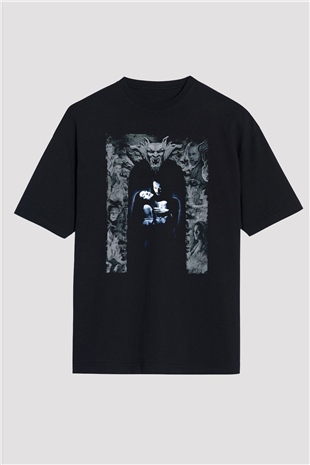 Unisex Drakula Baskılı Siyah Oversize Tişört