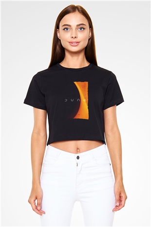 Unisex Dune Baskılı Siyah Crop Top T-shirt