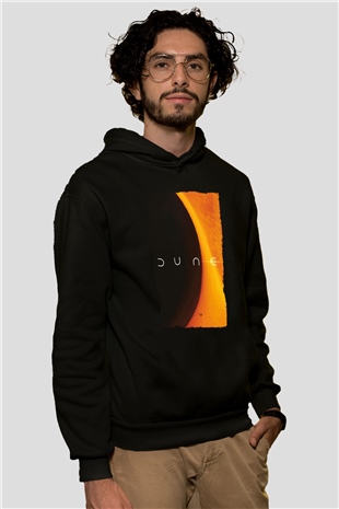 Unisex Dune Baskılı Siyah Kapüşonlu Sweatshirt