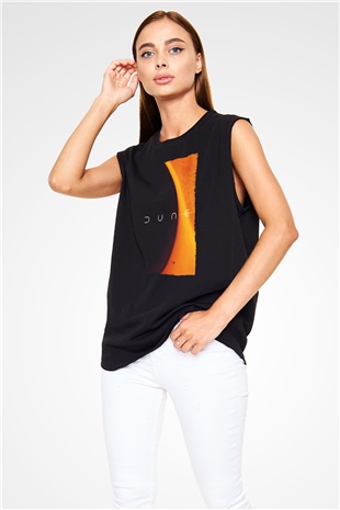 Unisex Dune Baskılı Siyah Kolsuz T-shirt