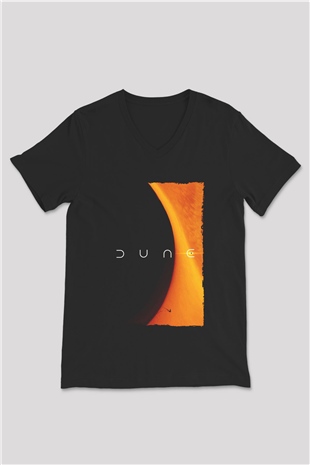 Unisex Dune Baskılı Siyah V Yaka T-shirt