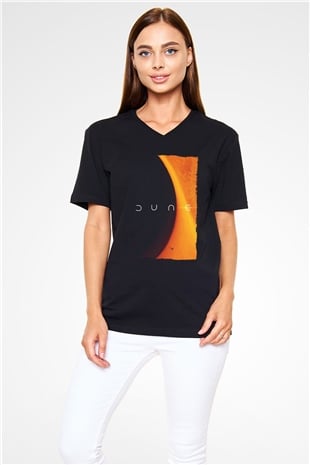 Unisex Dune Baskılı Siyah V Yaka T-shirt