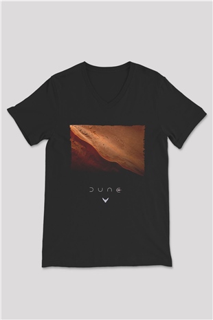 Unisex Dune Çöl Gezegeni (Dune) Baskılı Siyah V Yaka Tişört