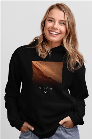 Unisex Dune Çöl Gezegeni (Dune) Baskılı Siyah Kapüşonlu Sweatshirt