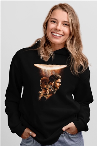 Unisex Dune Part Two Baskılı Siyah Kapüşonlu Sweatshirt