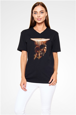 Unisex Dune Part Two Baskılı Siyah V Yaka T-shirt