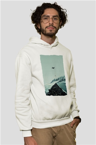 Unisex Dunkirk Baskılı Beyaz Kapüşonlu Sweatshirt