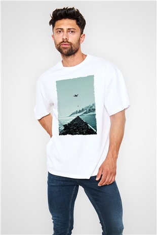 Unisex Dunkirk Baskılı Beyaz Oversize Oversize T-shirt