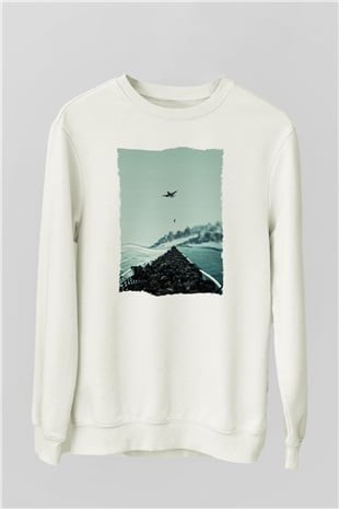 Unisex Dunkirk Baskılı Beyaz Sweatshirt