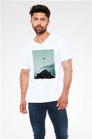 Unisex Dunkirk Baskılı Beyaz V Yaka Tshirt