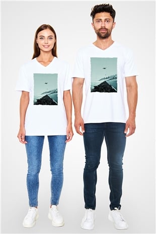 Unisex Dunkirk Baskılı Beyaz V Yaka Tshirt