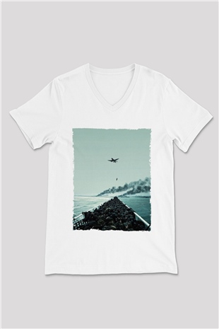Unisex Dunkirk Baskılı Beyaz V Yaka Tshirt