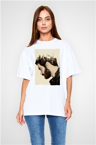 Unisex Düşman (Enemy) Baskılı Beyaz Oversize Oversize T-shirt