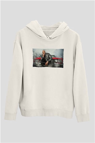 Unisex Dwayne Johnson as Luke Hobbs in Fast and Furious Baskılı Beyaz Kapüşonlu Sweatshirt
