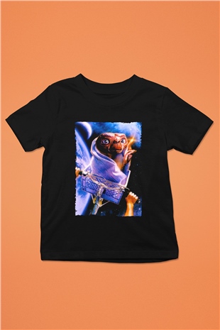 Unisex E.T. (E.T. the Extra-Terrestrial) Baskılı Siyah Çocuk Tshirt