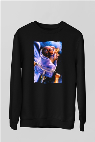 Unisex E.T. (E.T. the Extra-Terrestrial) Baskılı Siyah Sweatshirt