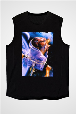Unisex E.T. (E.T. the Extra-Terrestrial) Baskılı Siyah Kolsuz Tshirt