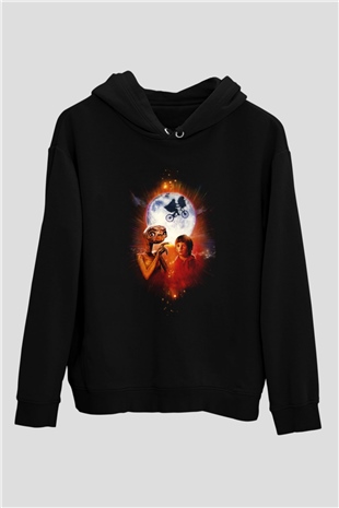 Unisex E.T. (E.T. the Extra-Terrestrial) Baskılı Siyah Kapüşonlu Sweatshirt