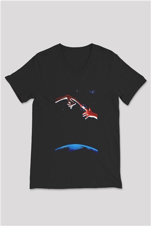 Unisex E.T. (E.T. the Extra-Terrestrial) Baskılı Siyah V Yaka T-shirt
