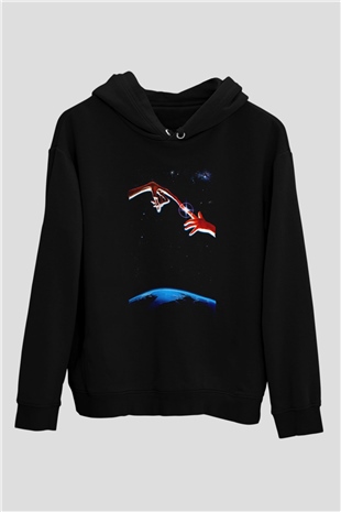 Unisex E.T. (E.T. the Extra-Terrestrial) Baskılı Siyah Kapüşonlu Sweatshirt