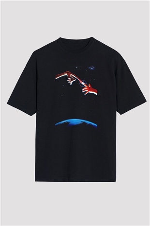 Unisex E.T. (E.T. the Extra-Terrestrial) Baskılı Siyah Oversize T-shirt
