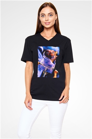 Unisex E.T. (E.T. the Extra-Terrestrial) Baskılı Siyah V Yaka Tshirt