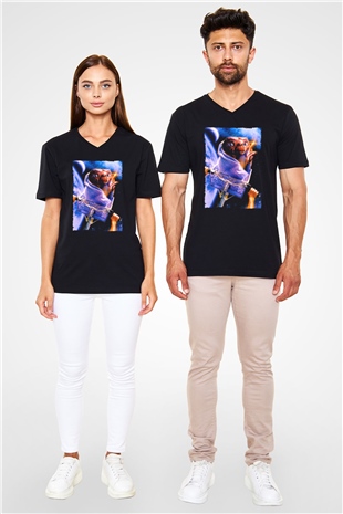 Unisex E.T. (E.T. the Extra-Terrestrial) Baskılı Siyah V Yaka Tshirt