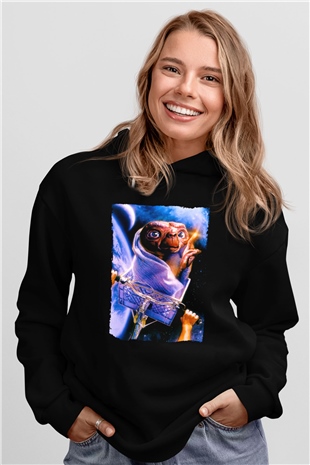 Unisex E.T. (E.T. the Extra-Terrestrial) Baskılı Siyah Kapüşonlu Sweatshirt