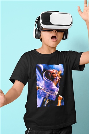 Unisex E.T. (E.T. the Extra-Terrestrial) Baskılı Siyah Çocuk Tshirt
