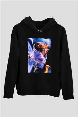 Unisex E.T. (E.T. the Extra-Terrestrial) Baskılı Siyah Kapüşonlu Sweatshirt